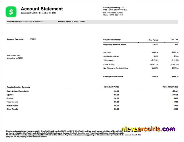 USA Cash App Investing account statement Word and PDF